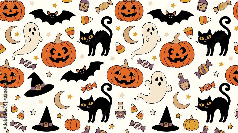 Obraz premium Cute Halloween seamless pattern with jack o lantern pumpkins, spooky black cat ghost and bat background, festive holiday vector wallpaper