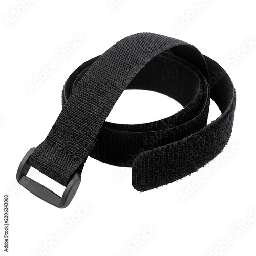 Black nylon cinch strap with plastic buckle isolated on transparent background