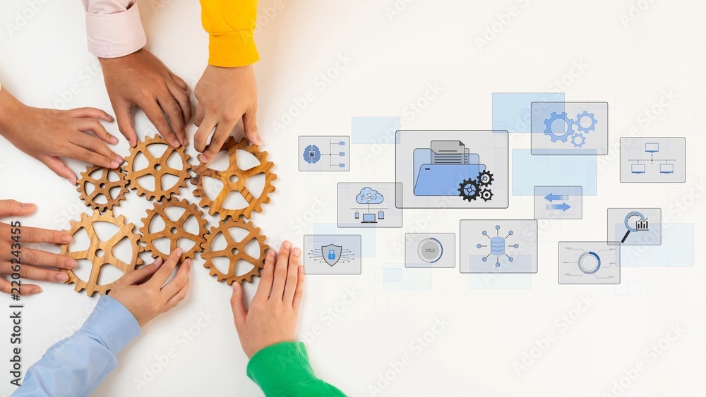 Obraz premium A group of diverse hands working together to arrange gears symbolizes teamwork and collaboration. Digital graphics of workflows enhance the concept of innovation and efficiency. Raster