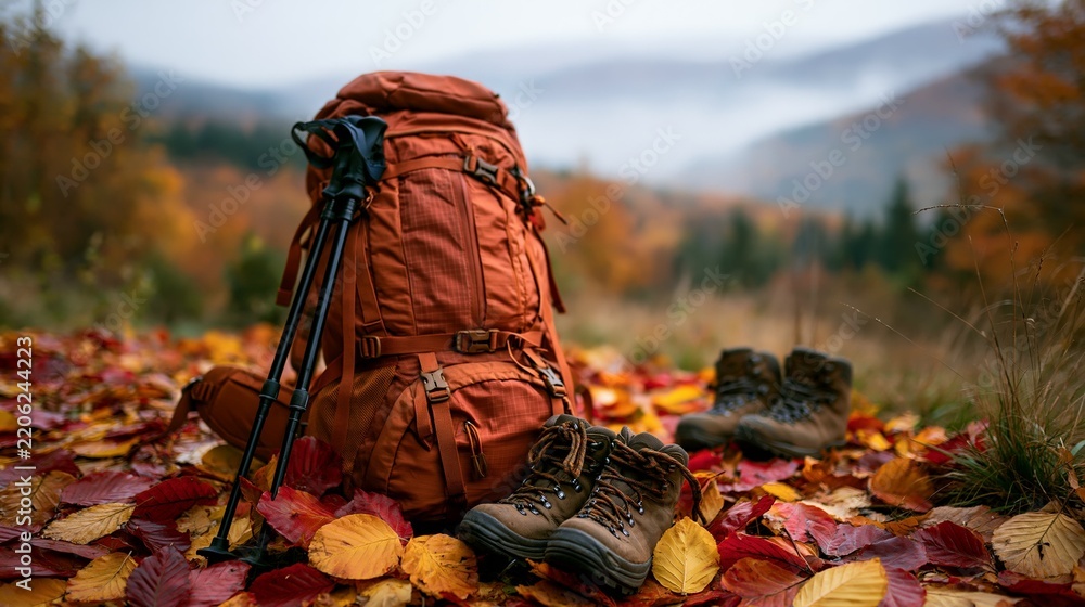 Obraz premium a large, rustcolored backpack with hiking poles resting on a bed of autumn leaves. The leaves are a mix of red, orange, and yellow, creating a vivid contrast.
