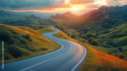 Curving country road through green hills at sunset