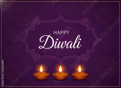 Happy diwali greeting card with glowing oil lamps