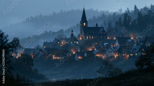 a picturesque village nestled in a misty forested hillside. The village is illuminated by warm, glowing lights, casting a soft glow on the rooftops and buildings.