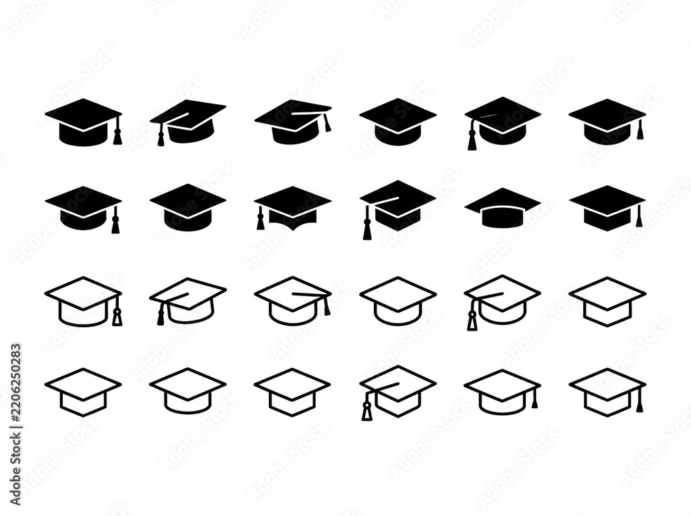 Fototapeta premium Graduation caps arranged in rows on white background symbolizing education and achievement