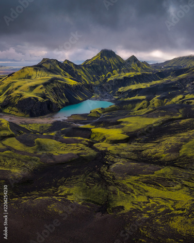 Volcanic landscape and a crater lake deep in the Icelandic Highlands