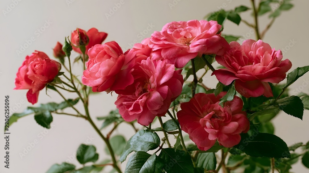 Fototapeta premium A cluster of vibrant pink roses with lush green leaves against a soft neutral background showcasing natural beauty and delicate petal layers