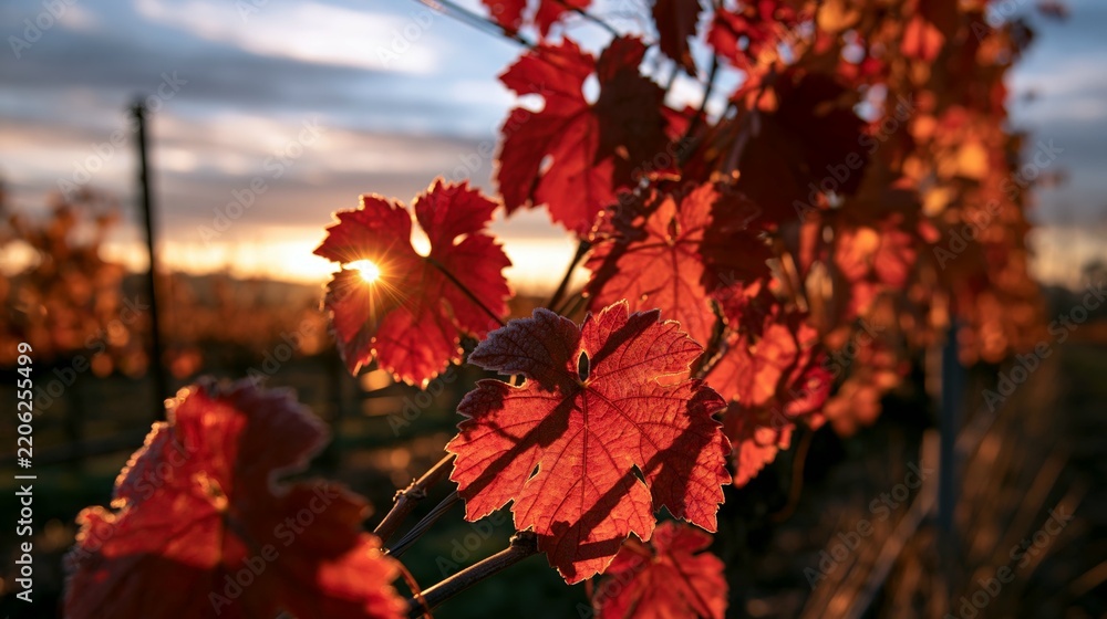Obraz premium a vineyard during autumn. The main subject is a cluster of vibrant red grape leaves, illuminated by the setting sun, casting a warm, golden hue across the scene.