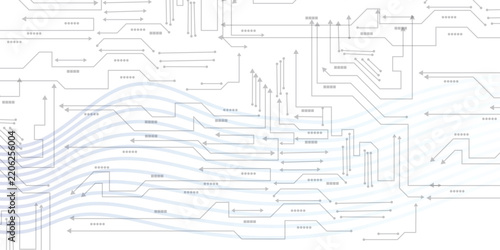 Monochrome technological schematic background featuring intricate electronic circuits with arrows and wave lines.
