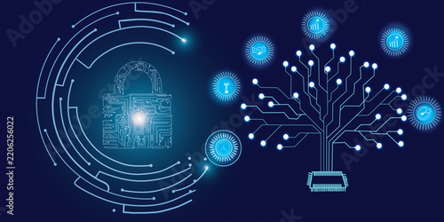Glowing cybersecurity padlock and circuit tree graphic representing data protection on dark blue background.