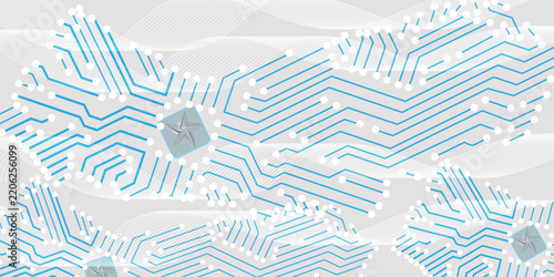 Abstract digital circuit board background pattern featuring blue electronic pathways stars on grey backdrop.