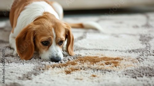 Guilty Beagle Dog Lying on Carpet Near Wet Urine Stain Looking Sad and Ashamed After Home Accident, Concept of Pet Training and Housebreaking Challenges in Living Room