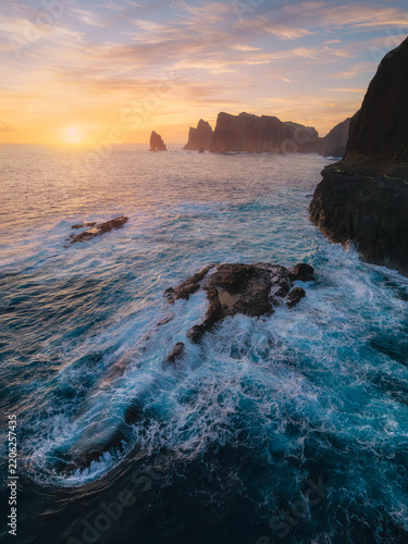 Beautiful sunrise at Ponta de São Lourenço on Madeira,, panoramic image taken with the drone.