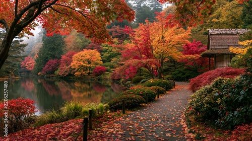 a serene autumnal landscape. A tranquil pond reflects the surrounding trees and foliage, creating a mirrorlike effect. The scene is bathed in the warm hues of red, orange, yellow, and green foliage.