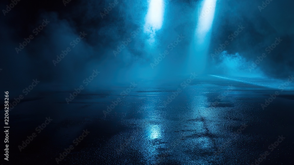 Fototapeta premium Dark empty scene at night with blue neon spotlights shining through thick smoke and fog onto a wet asphalt ground surface, creating a cinematic and moody atmospheric background for concepts.