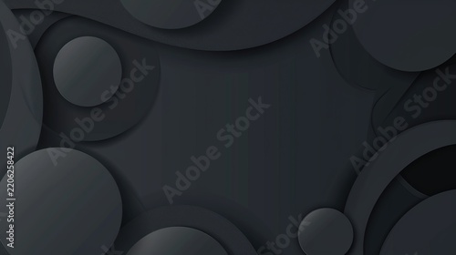 Elegant dark grey abstract background featuring overlapping geometric circles and curved paper-cut layers with subtle shadows for a minimalist charcoal banner and professional design project