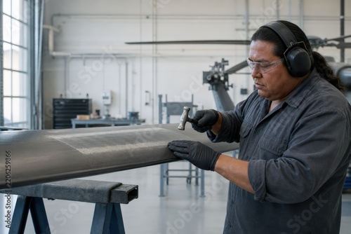 Aircraft composite repair inspection - a helicopter rotor blade inspector in a workshop
