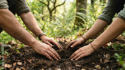 People planting a small green tree in the forest soil
