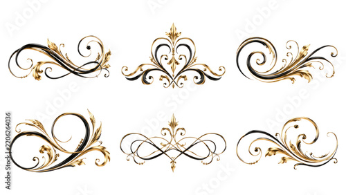 Set of six elegant gold and black ornamental flourishes and dividers with floral scrollwork