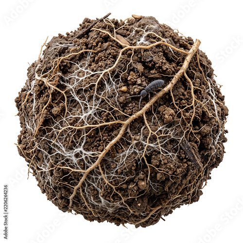 Spherical clump of fertile soil featuring complex white root structures and single small arthropod crawling over dark earthy surface representing organic garden compost ecosystem.