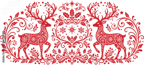 Red folk art reindeer design with floral swirls and winter snowflakes for holiday cards