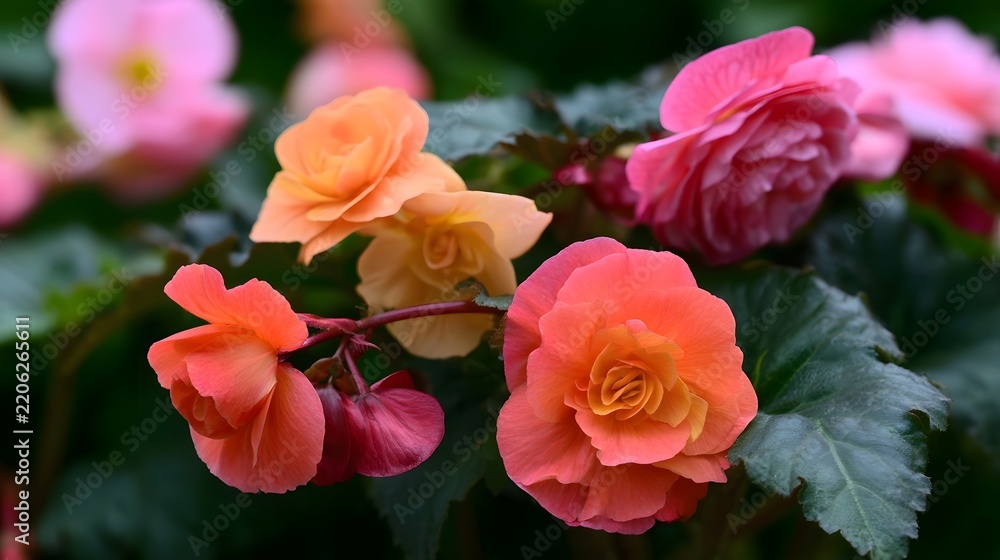 Fototapeta premium A vibrant cluster of blooming begonias showcasing soft pink peach and orange hues against lush green foliage