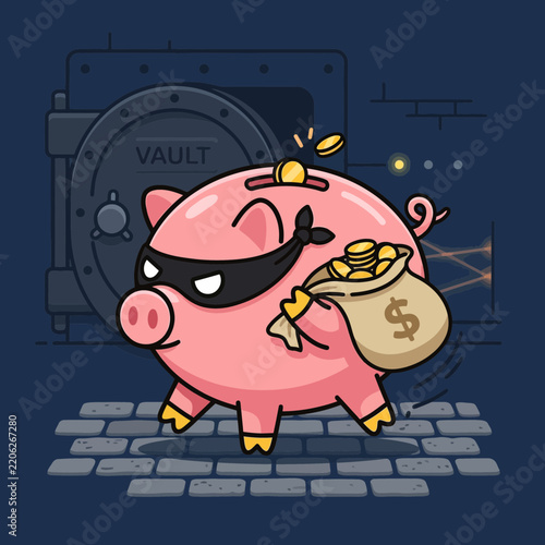 Cartoon pig wearing a mask, holding a bag of coins in front of a vault.