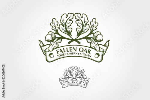 Fallen Oak vintage emblem featuring stylized oak leaves and acorns above a ribbon banner, ideal for company branding,heritage label, eco product or rustic stationary conveying strength and nature.