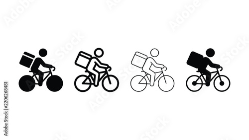 Set of four bicycle delivery courier icons showing a person riding a bike with a large backpack in solid black and outline styles