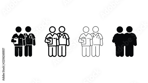 Set of four medical staff icons featuring two doctors with stethoscopes and clipboards in solid black and outline styles for healthcare themes