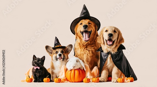 Adorable Halloween pets pose in charming costumes with pumpkins and ghost props. This playful studio portrait features a cat, corgi, rabbit, and golden retriever.