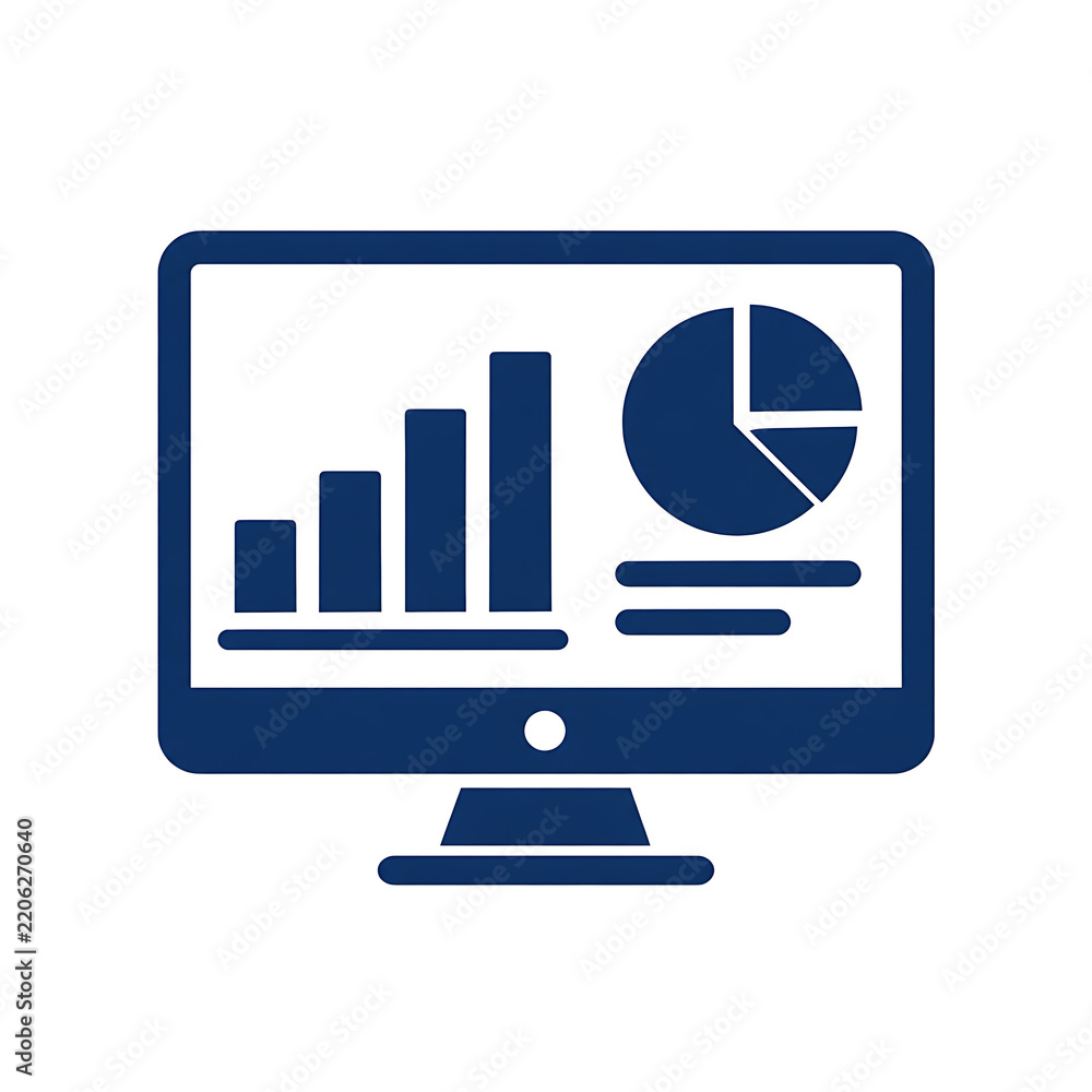 Obraz premium Dashboard Analytics and Data Visualization Vector Icon with Financial Charts, Graphs, and Computer Display