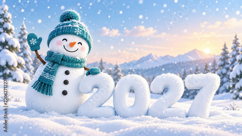 Cheerful snowman in a teal knitted hat scarf and mittens waves beside snow covered 2027 numbers in a frosty mountain landscape with falling snow at sunrise.