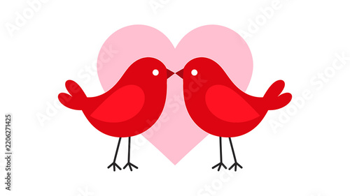 Fotografie Minimalist lovebirds illustration with pink heart, red couple birds graphic for