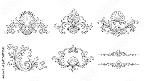 Six ornate vintage ornamental flourishes and dividers in black line art, rococo and baroque style decorative elements featuring shells, acanthus leaves, scrolls and symmetrical frames