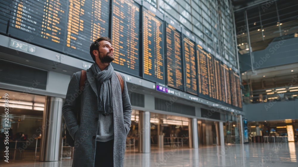 Fototapeta premium Male tourist standing in front of airport arrival board, looking up, bright natural light, calm travel mood