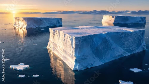Iceberg floating in ocean water at sunset with mountains in background
