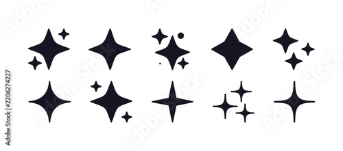 Sparkle and star collection, glittering celestial shapes with radiant twinkles, shining decorative symbols and magical light effects, festive beauty accents flat vector illustration.