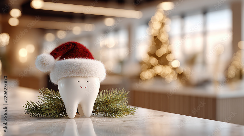 Fototapeta premium Happy tooth mascot in a santa hat stands in a bright modern dental clinic lobby beside a decorated christmas tree and gift boxes, symbolizing festive oral health care and cheer