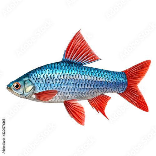 Illustration of a blue freshwater fish with bright red fins