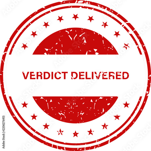 Red Grunge Rubber Stamp Seal With Verdict Delivered Text And Stars For Legal Documents