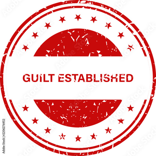 Red grunge rubber stamp with Guilt Established text isolated on a clean white surface