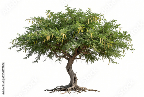 Ultra-realistic mature Ghaf Tree (Prosopis cineraria), iconic Arabian desert tree with broad umbrella-shaped crown, twisted gray-brown trunk, fine feathery green compound leaves, slender thorns,