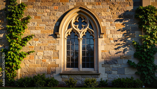 Ornate gothic arch window on historic stone wall, Dark Academia aesthetic
