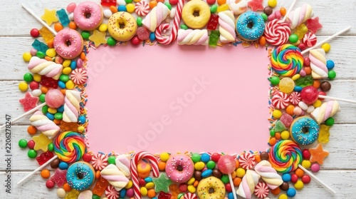 Colorful candy and donut frame on a pink background
