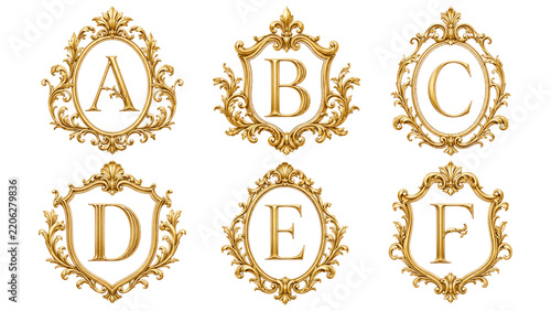 Six ornate gold monogram shields featuring letters A to F in decorative baroque frames