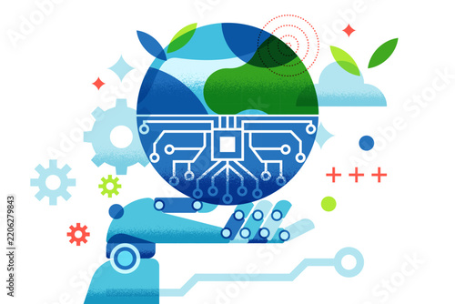 Vector abstract flat geometric concept of robot hand holding Earth globe with circuit board. Creative illustration for artificial intelligence technology, global network and green ecology ideasVector 
