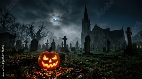 Glowing halloween pumpkin in a dark spooky graveyard