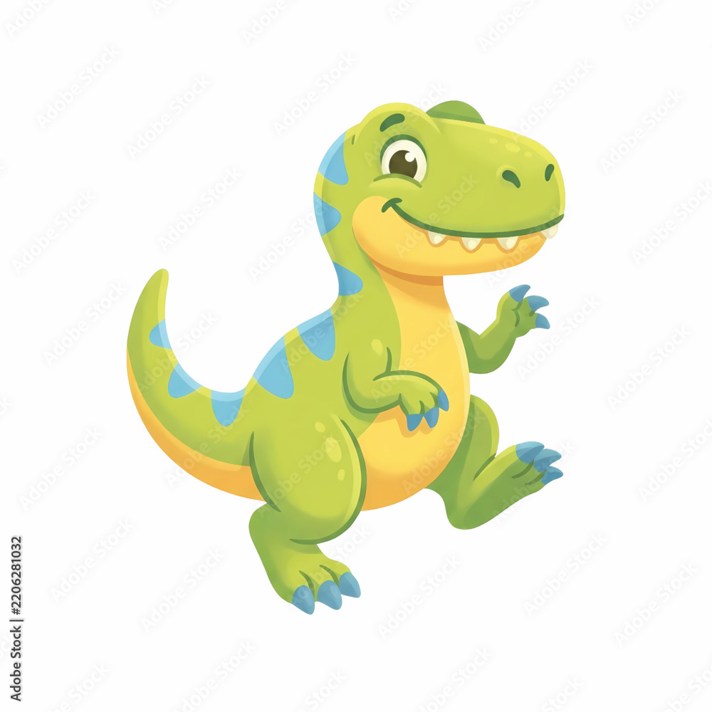 Obraz premium Cute green and yellow T-Rex baby dinosaur running and smiling cartoon illustration isolated on white background. Great for kids design