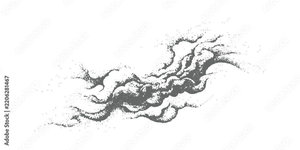 Fototapeta premium Vintage stippled cloud smoke swirl with detailed engraved dot texture for sky design vector illustration.