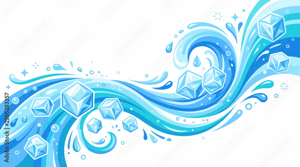 Naklejka premium Cool Water Wave with Ice Cubes: An artistic representation of refreshing blue waves splashing with dynamic movement, interspersed with sparkling ice cubes.